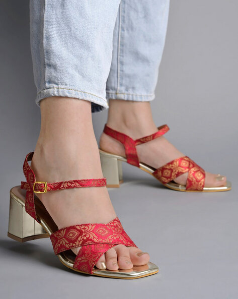 Artificial Leather Double Strap Heeled Sandals For Women - Red - J&J-23