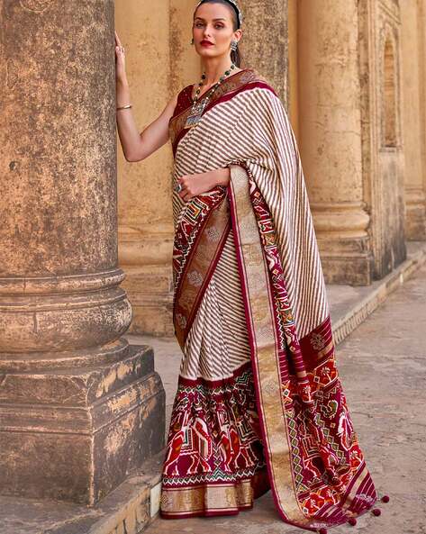 Woven Art Silk Saree in Off White and Red : SSF22733