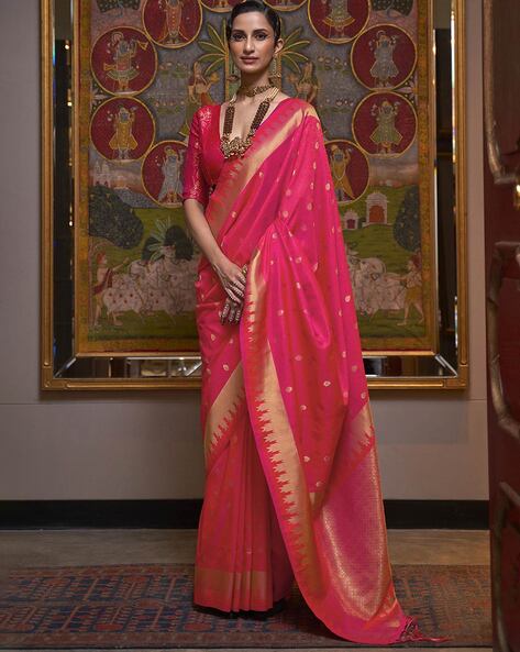 Rose Pink Color Designer Silk Saree with Contrast Blouse - PreeSmA