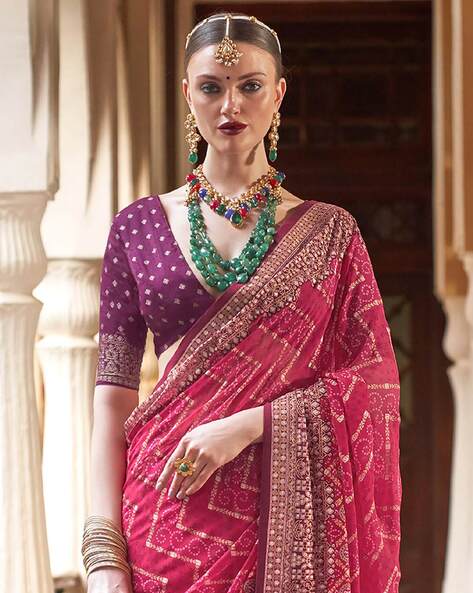 Buy Pink Orange Dual Tone Leheriya Saree online-Karagiri