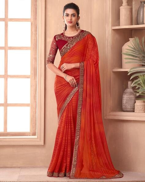 Silk Land Orange Woven Saree With Unstitched Blouse