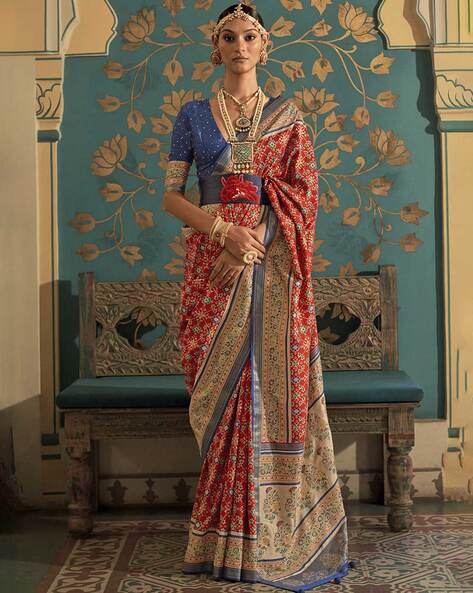 Yeola Traditional Paithani Silk Sarees With Contrast Blouse Piece (Navy &  Red)