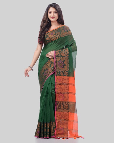 Manvish Drapes Woven Gadwal Kalyani Cotton Silk Saree (CHUTNEY GREEN BODY  WITH MAROON BORDER)