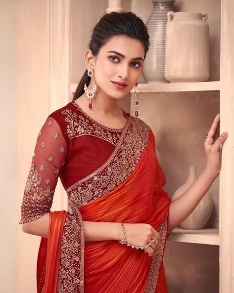 Orange and Red Long Border Sungudi Cotton Saree with Peacock Motif-  Desically Ethnic