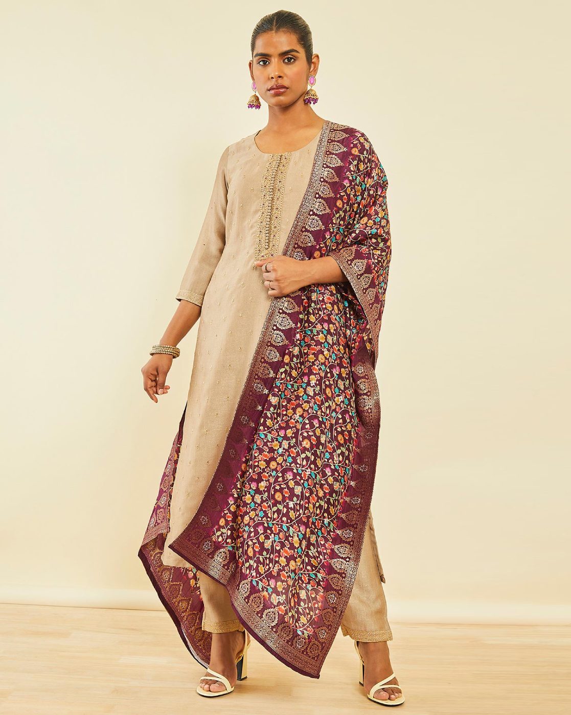 Powder Blue Viscose Blend Printed Suit Set with Embroidered Panel at Soch