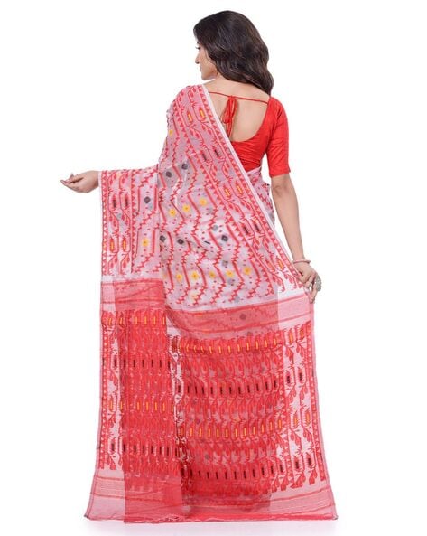 Daisy White & Red Bengal Jamdani Saree – Craftyle