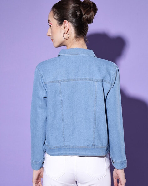 Buy Women's Short Denim Jacket Round Neck Denim Three Quarter Sleeves Light  Blue Jacket (Light Blue, M) at Amazon.in