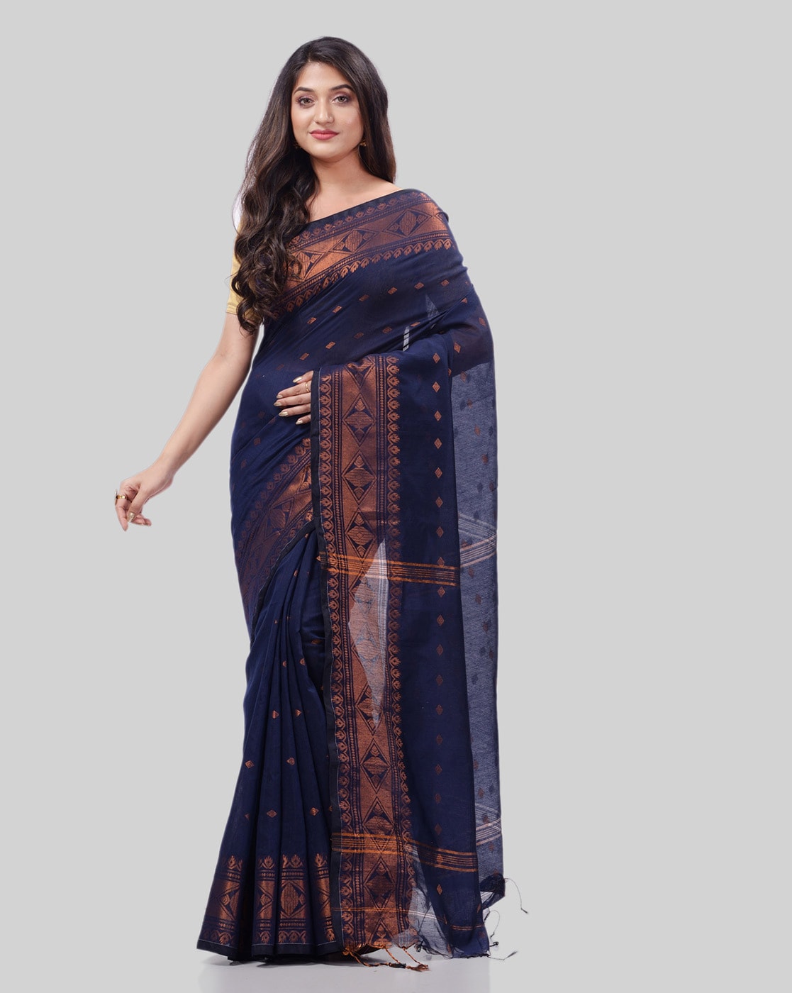 Buy Blue Pure Cotton Bengali Baluchari Saree