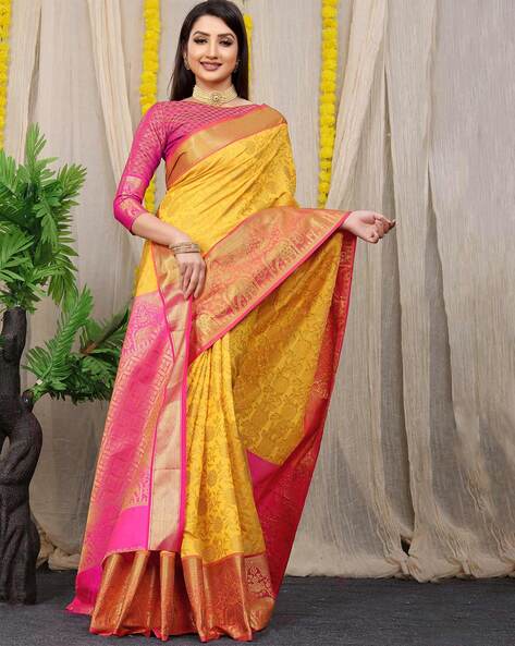 Yellow Banarasi Silk Weaving Work Traditional Saree for Ceremonial Buy  Online -