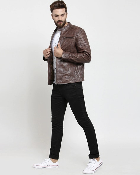 PARE Men's Leather Brown Casual Jacket Slim Fit (Size : XS To 2XL)