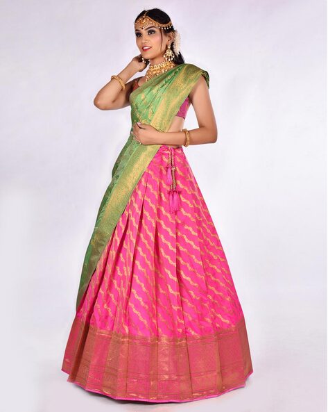 Girls Green Peacock Double Border Half Saree - Shivangi - 3907548