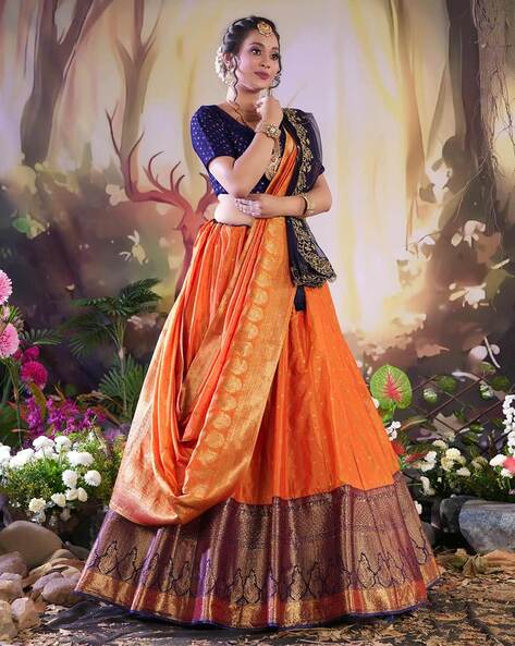 Shop Orange Banarasi Designer Lehenga Online in USA with Dupatta – Pure  Elegance