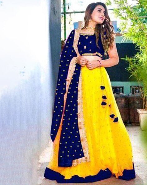Designer Bright Yellow and Pink Lehenga - MiaIndia.com