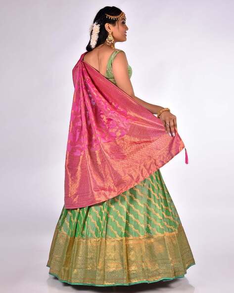 Buy Rama Green Zariwork Banarasi Semi Stitched Lehenga - Koskii