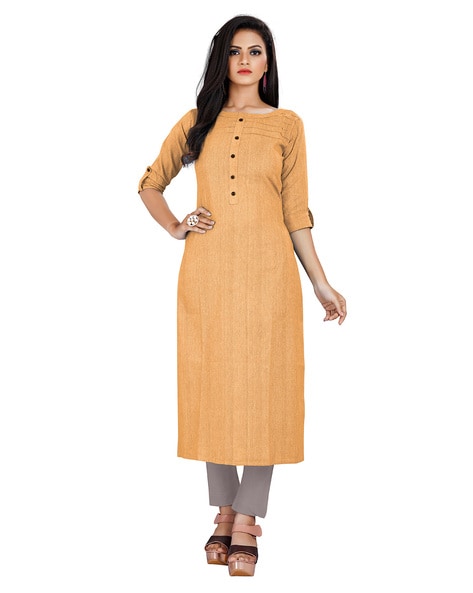 Shop Online Yellow Color Front Open Plain Rayon Long Kurti With Golden  Toggle Work – Lady India