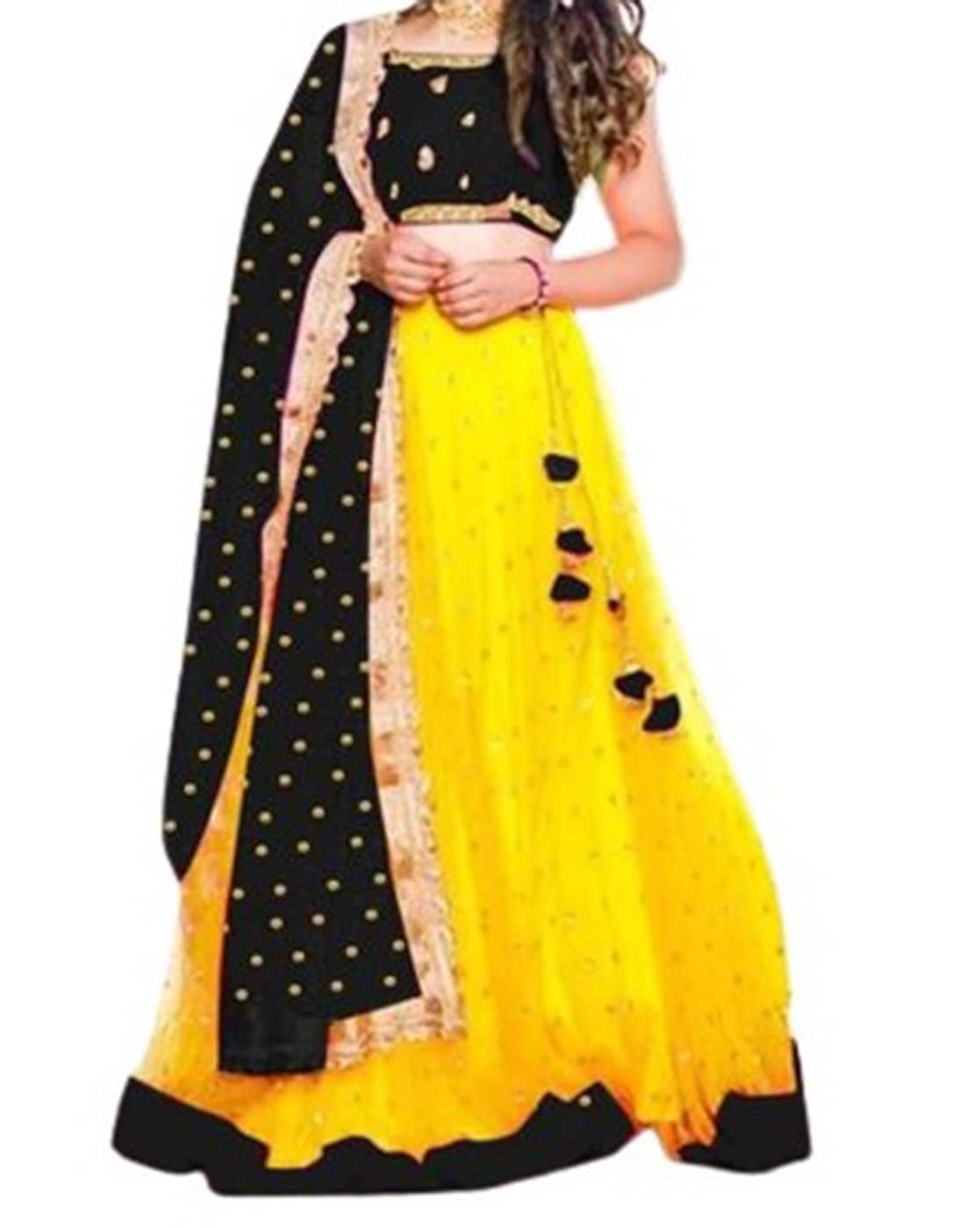 Black and Yellow Embroidered Georgette Lehenga | Designer lehenga choli, Black  lehenga, Lehenga choli