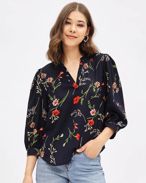 Buy Harpa Black Top With Floral Embroidery - Tops for Women