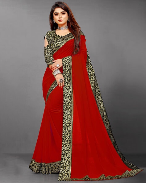 Buy Off White Red-Black Printed Semi-Chiffon Saree (With Blouse) 13408 |  www.maanacreation.com