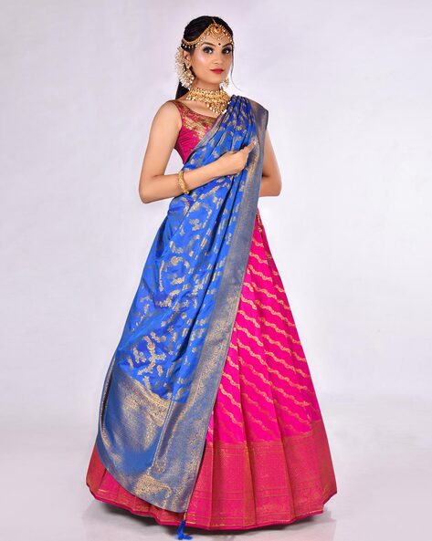 Sky Blue Half Saree Lehenga Choli in Kanjivaram Silk Zari Weaving Pavadai  Thavani South Indian Lehenga Choli