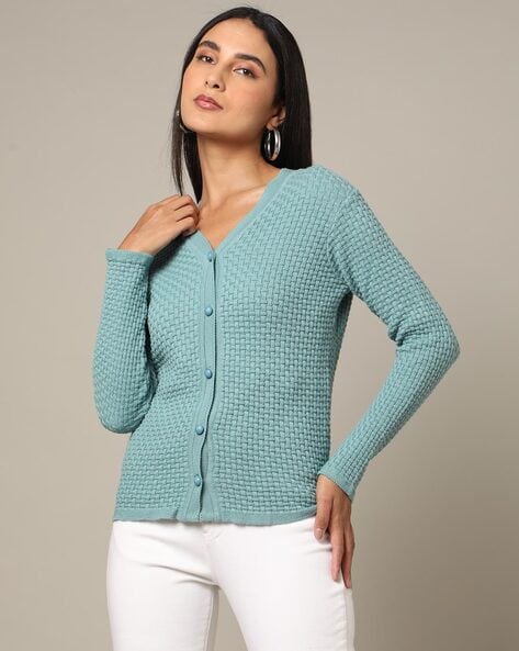 Women's Basketweave Sweater, Button-Front Cardigan