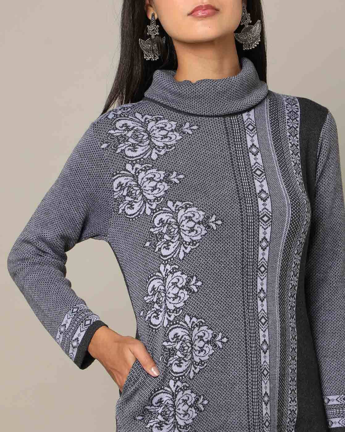 Turtle-Neck Floral Knit Sweater Kurta