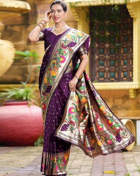 Kajree - Jamun Purple Paithani saree gives a graceful traditional look for  all occasions. The peacock motif work done with zari and colourful semi  silk threads with the buttas on the pink