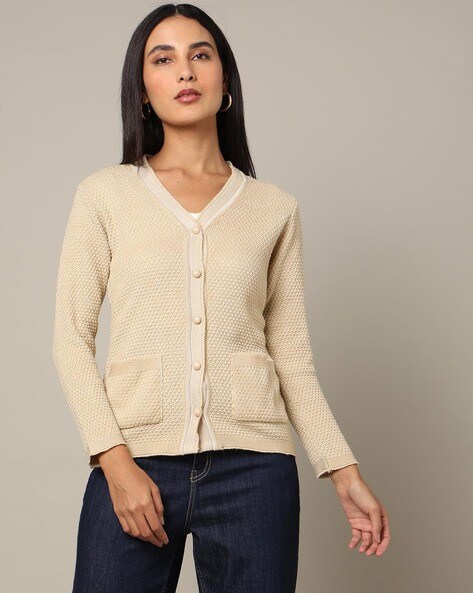 Buy NoBarr Women's Rib-Knit Open Front Buttons Closure White Cardigan at