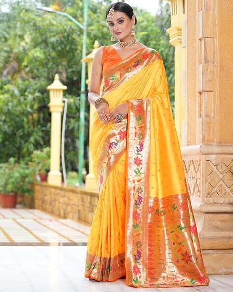 Glowing Yellow Paithani Silk Saree With Ravishing Blouse Piece –  LajreeDesigner