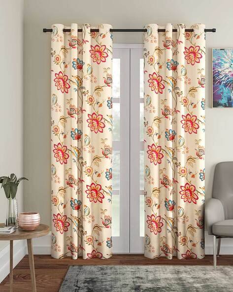 Cortina Eyelet Curtain  Set of 2 Floral Print Long Door Curtain