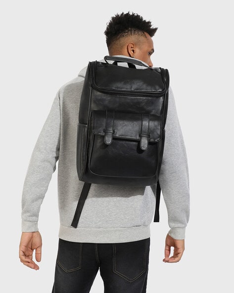 Mens black leather online backpack