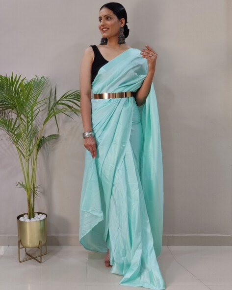 Buy Coral pre stitched drape saree by Designer Sanya Gulati