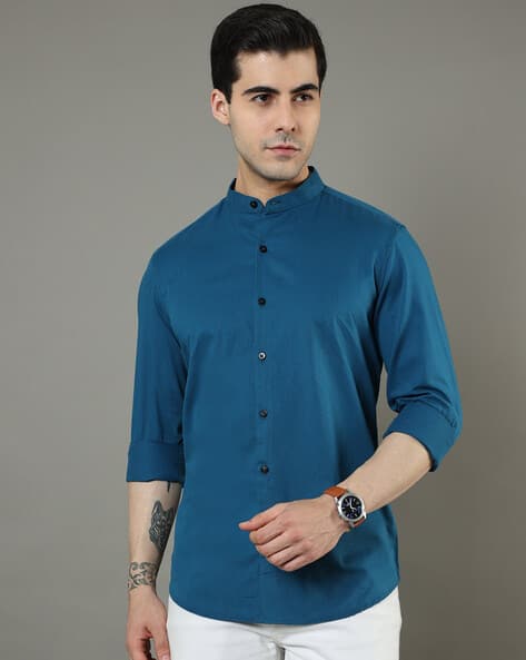 Mandarin Collar Shirt with Curved Hem