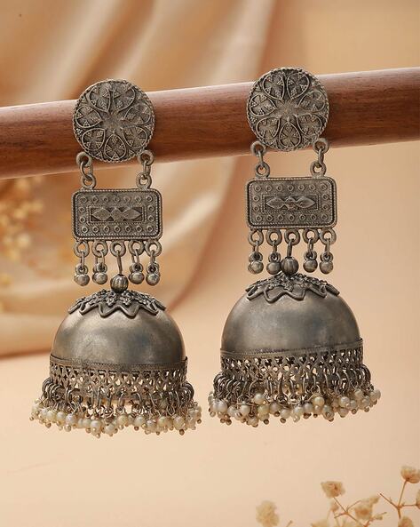 Silver Oxidised Loreal Pearl Handmade Earrings - My Indian Brand
