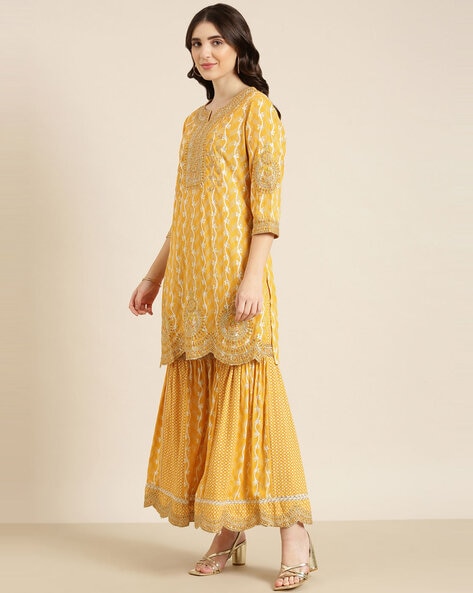 Buy Mustard Embroidered Silk Blend Straight Sharara Suit Set With Dupatta  Online at Rs.3119