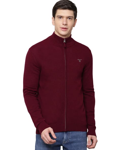 Burgundy Collared Zip Front Sweater Ribbed Zip-Front Cardigan