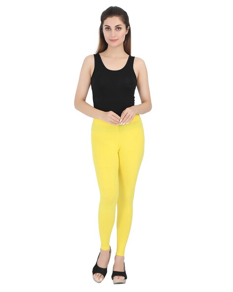 Women Solid Cotton Lycra Super Quality Lemon Yellow Ankle