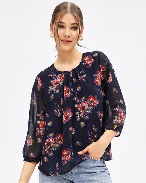 Buy Harpa Black Top With Floral Embroidery - Tops for Women