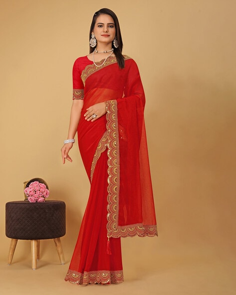 Hot Red Chiffon Silk Saree with Heavy Embroidered Blouse