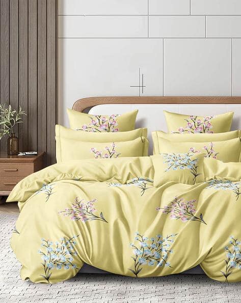 Cortina Eyelet Curtain 120 TC Floral Print Queen Bedsheet & Pillow Covers
