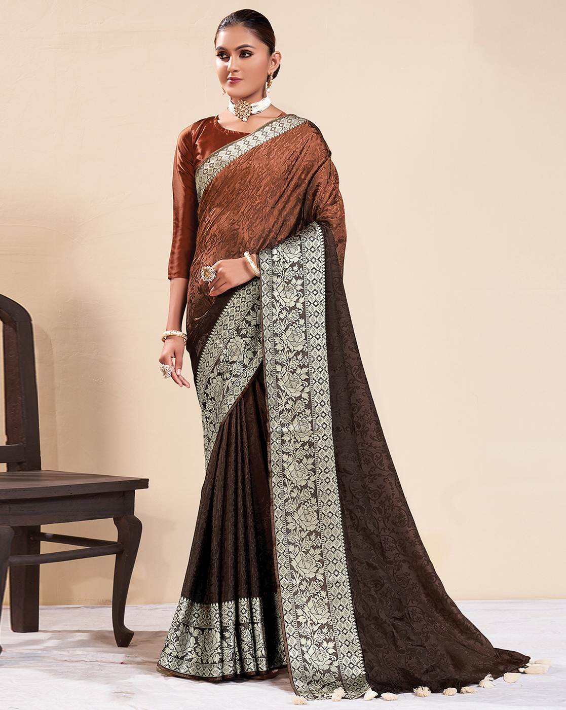 Buy Coffee Sequins Work Georgette Saree Online