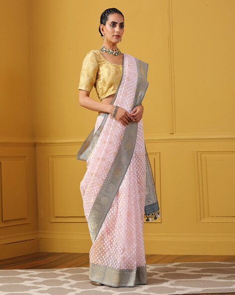 Peachy Pink Kora Silk/Cotton Handloom Banarasi Saree – Himagauri Sarees