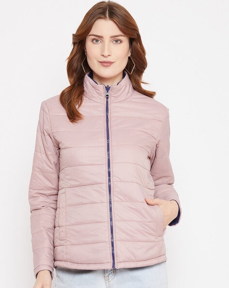 Light weight women's puffer Navy blue zipper jacket for winter