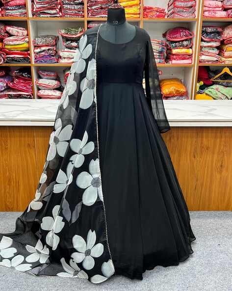INFOTECH Women's Georgette A-line Semi-Stitched Gown Dupatta (Black) :  Amazon.in: Fashion