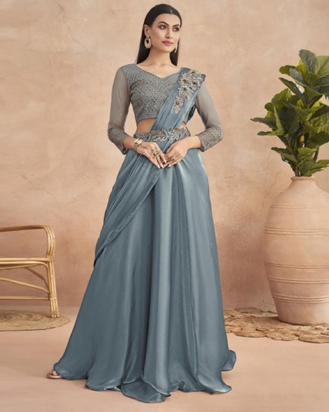 Buy Grey and Peach Beads Work Designer Lehenga Style Saree Online