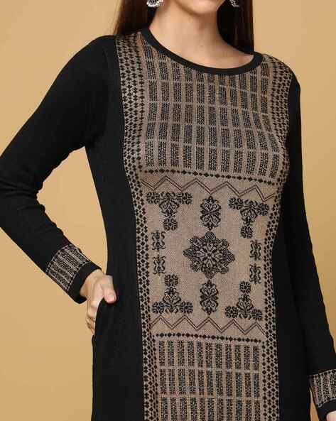 Patterned Knit Sweater Kurta with Insert Pocket