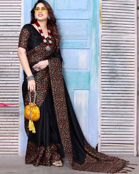 Silk Linen Black colour Plain Saree with contrast border and attached Blouse  (Any Colour Customizable)-Indiehaat – Indiehaat.com