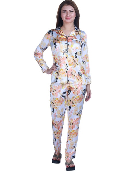Grey Floral Print Night Suit - myrawears.com