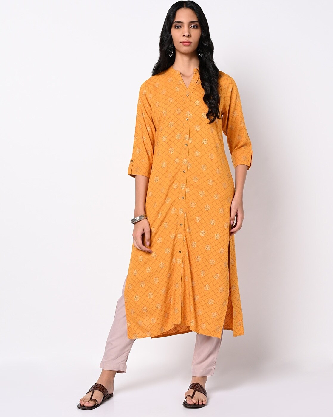 Buy Navy Blue Printed Draped A-line Kurta With Tights Online - W for Woman