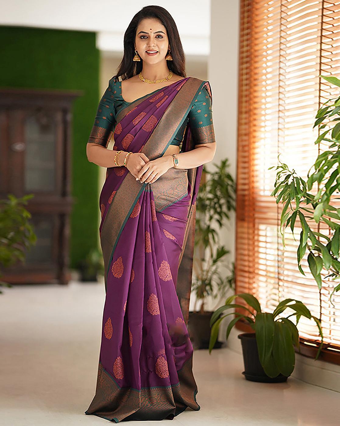 Buy BESUCHER Woven Kanjivaram Pure Silk Purple Sarees Online @ Best Price  In India | Flipkart.com