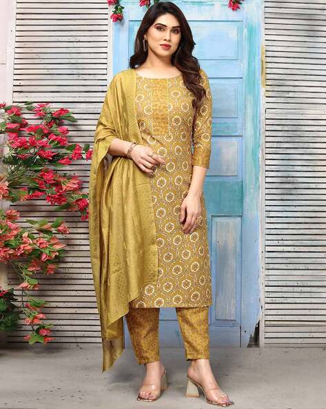 Multicolour Straight Cotton Blend Kurti Pant Dupatta Set for Women